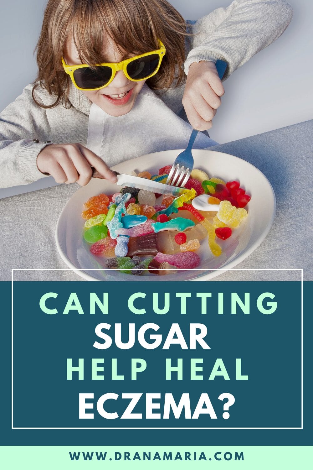 Pin image with a kid eating a plate full of sugar candy with title: can cutting sugar help heal eczema?